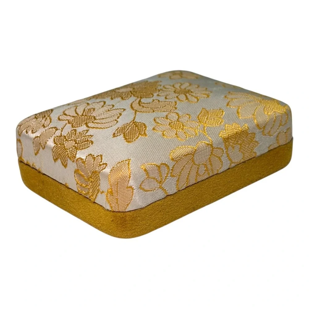 Vtg Mid Century Brocade Jewelry Box Gold Floral Fabric Yellow Velvet Case Retro